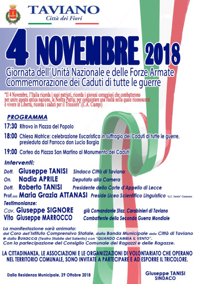 4 NOVEMBRE 2018 - Giornata dell'Unità Nazionale e delle Forze Armate, ...