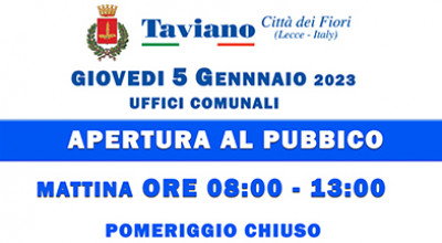 AVVISO APERTURA AL PUBBLICO UFFICI - Giovedì 5 Gennaio 2023