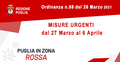 EMERGENZA CORONAVIRUS  - Ordinanza Regione Puglia n. 88 del 26 marzo 