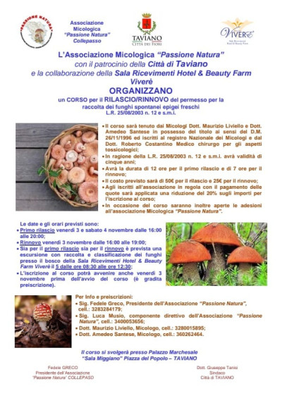 Corso per Rilascio o Rinnovo Patentino Raccolta Funghi 