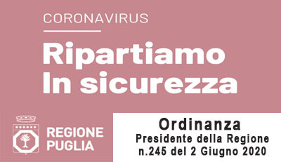 EMERGENZA CORONAVIRUS  - INGRESSO IN PUGLIA DAL 3 GIUGNO 2020